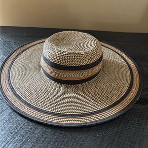 Wide Brim Straw Sun Hat with Black and Natural Stripes